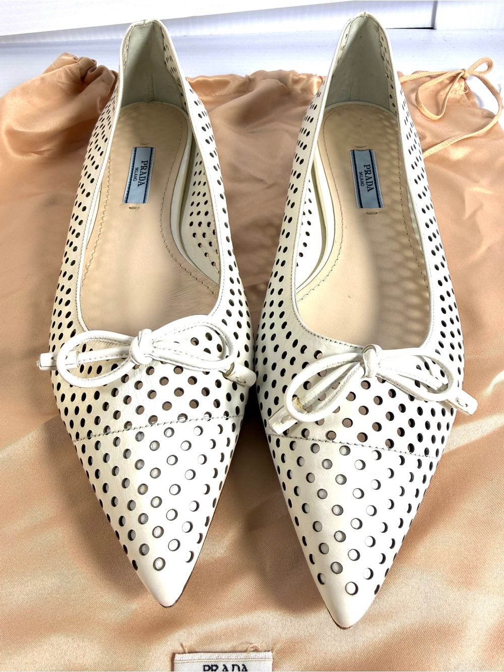 Prada White Perforated Pointed-Toe Bow Flats
